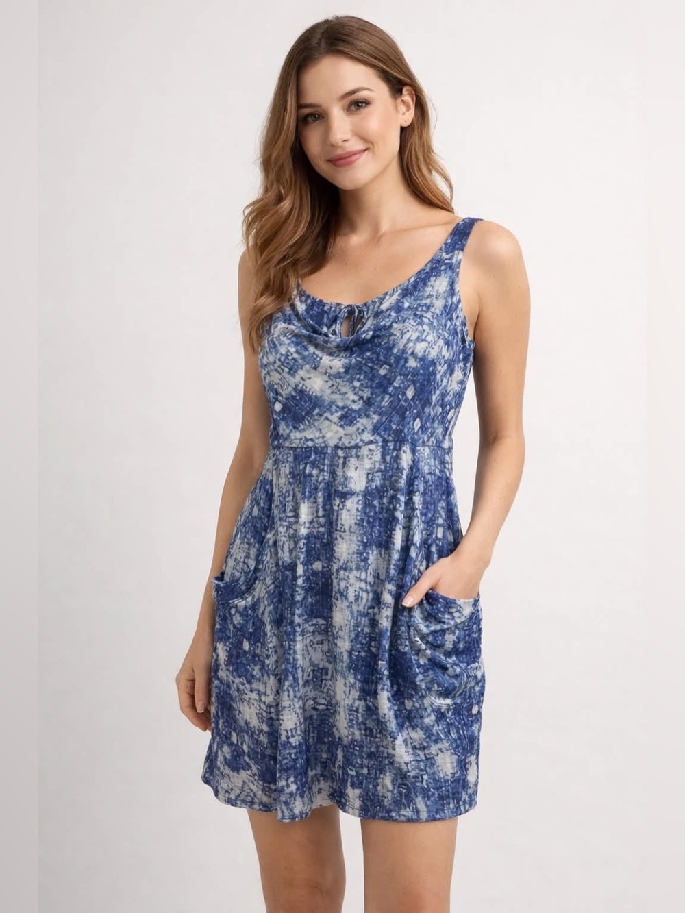 Jack by BB Dakota Blue Abstract Watercolor Cowl Neck Pocket Mini Dress Size S